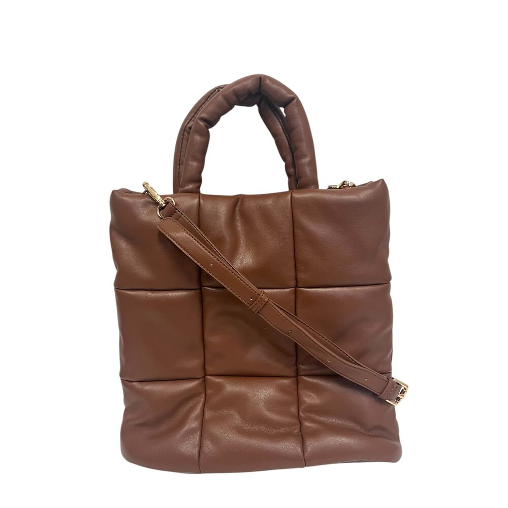 AQUA Brown Faux Leather Polyurethane Puffer Quilted Crossbody Tote Bag - Picture 1 of 4